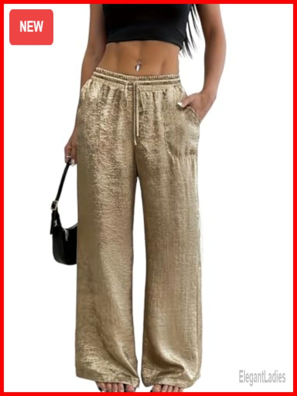 Wide Leg Satin Palazzo Pants Pleated Elastic Waist Party Trousers